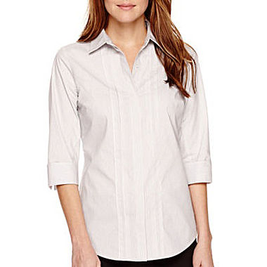 Worthington 3/4-Sleeve Button-Front Oxford Shirt - Petite